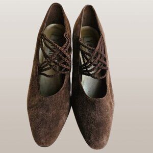 Vertan Brown Leather Suede Criss-Cross Elastic Strap Pumps -  Size 8M